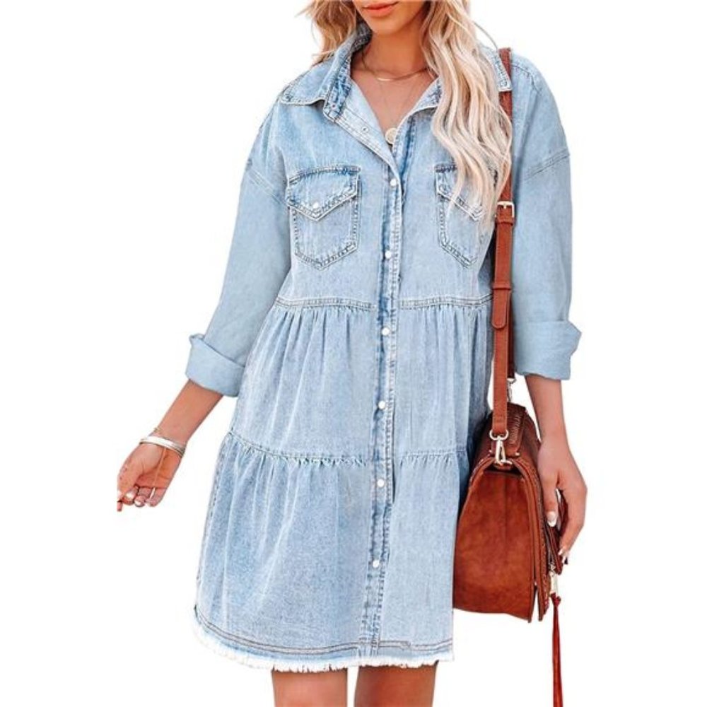 Womens Buttoned Frayed Pocket Short Sleeve Denim Jean Dresses